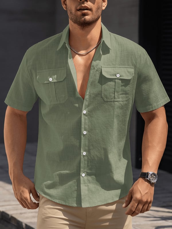 Vyriski trumpom rankoviu marškiniai iš 100% medvilnės su apverčiama apykakle ir kišenėmis – be raukšlių