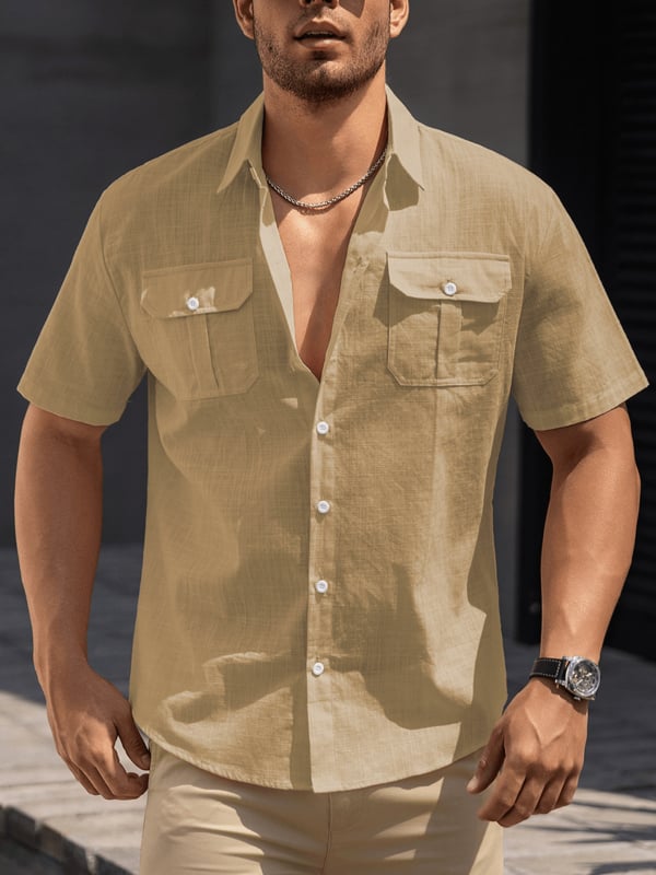 Vyriski trumpom rankoviu marškiniai iš 100% medvilnės su apverčiama apykakle ir kišenėmis – be raukšlių