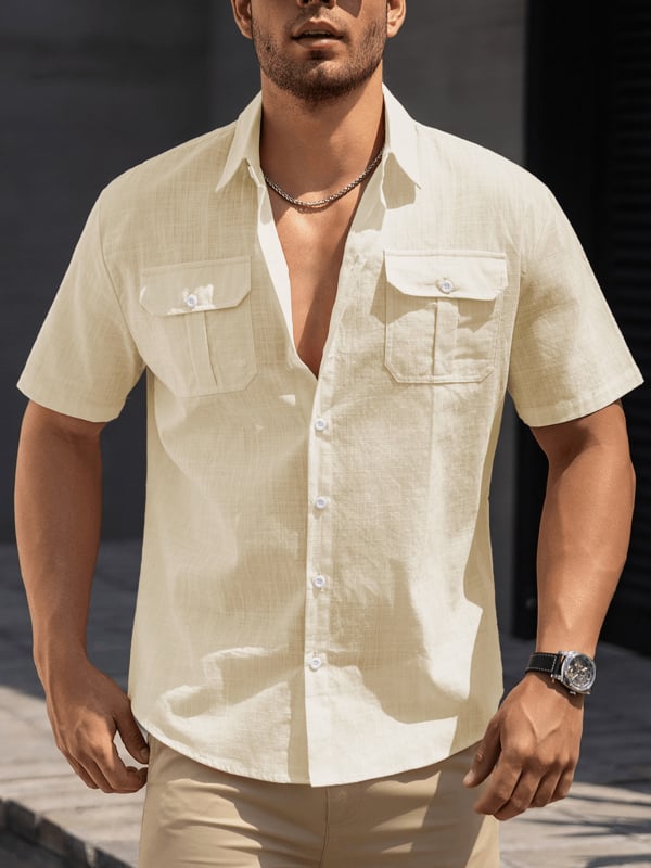 Vyriski trumpom rankoviu marškiniai iš 100% medvilnės su apverčiama apykakle ir kišenėmis – be raukšlių