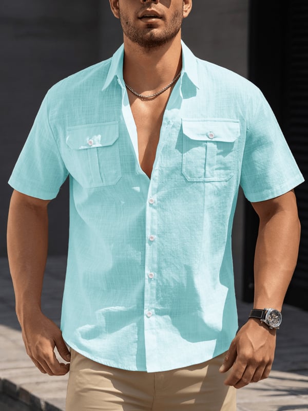 Vyriski trumpom rankoviu marškiniai iš 100% medvilnės su apverčiama apykakle ir kišenėmis – be raukšlių