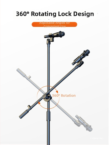 Profesionāls grīdas mikrofona statīvs ar integrētu vertikālo tripodu, piemērots tiešraidei un karaokei.