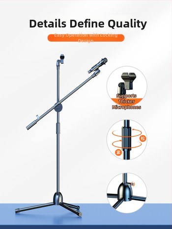 Profesionāls grīdas mikrofona statīvs ar integrētu vertikālo tripodu, piemērots tiešraidei un karaokei.