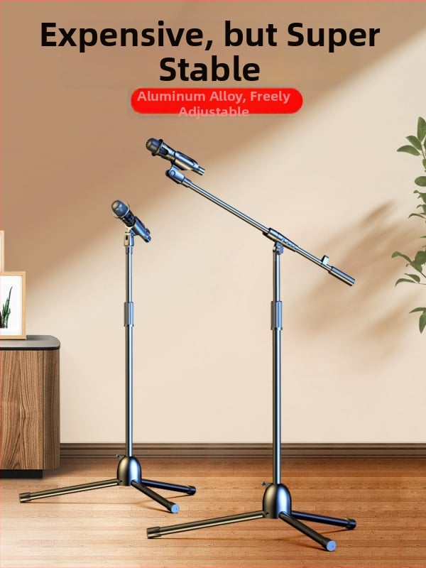 Profesionāls grīdas mikrofona statīvs ar integrētu vertikālo tripodu, piemērots tiešraidei un karaokei.