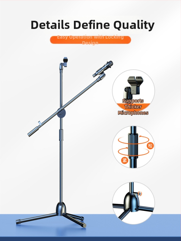 Profesionāls grīdas mikrofona statīvs ar integrētu vertikālo tripodu, piemērots tiešraidei un karaokei.
