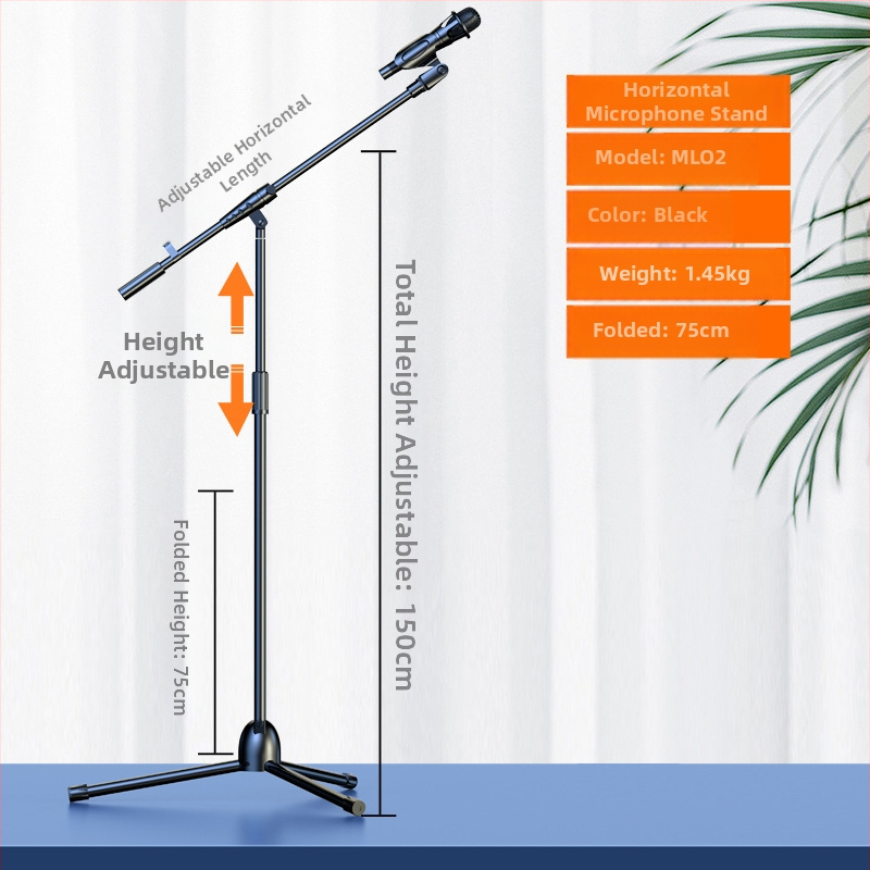 Profesionāls grīdas mikrofona statīvs ar integrētu vertikālo tripodu, piemērots tiešraidei un karaokei.