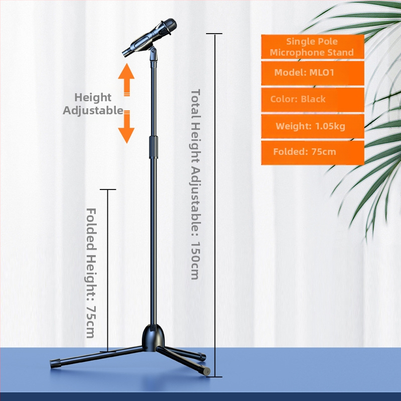 Profesionāls grīdas mikrofona statīvs ar integrētu vertikālo tripodu, piemērots tiešraidei un karaokei.