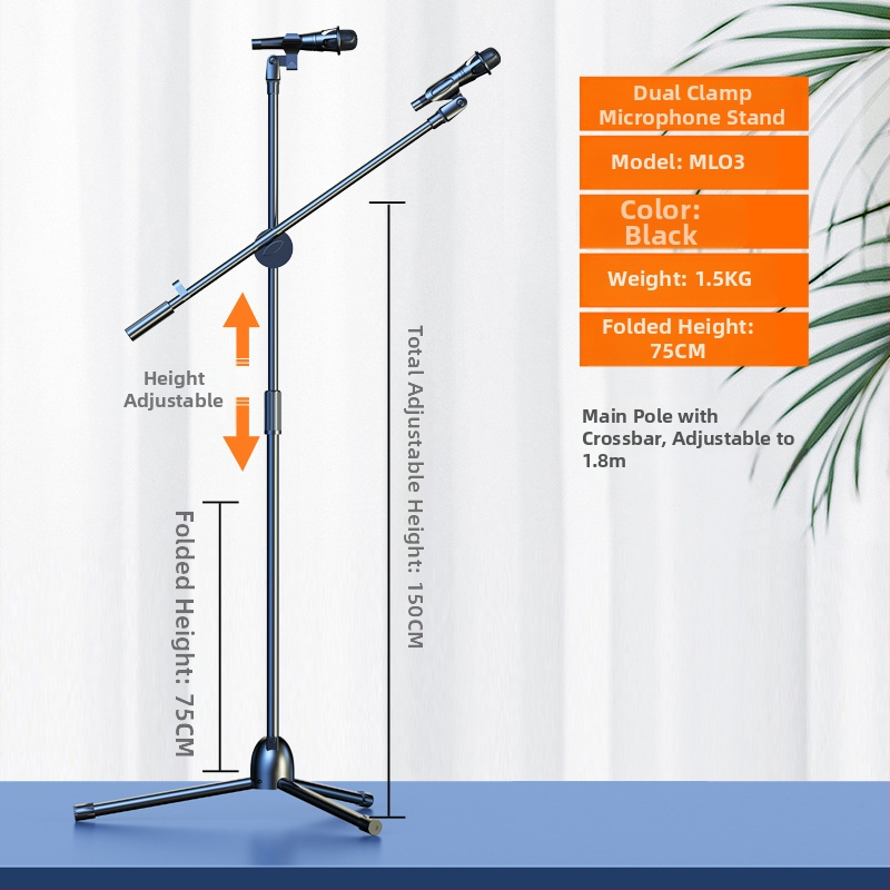 Profesionāls grīdas mikrofona statīvs ar integrētu vertikālo tripodu, piemērots tiešraidei un karaokei.