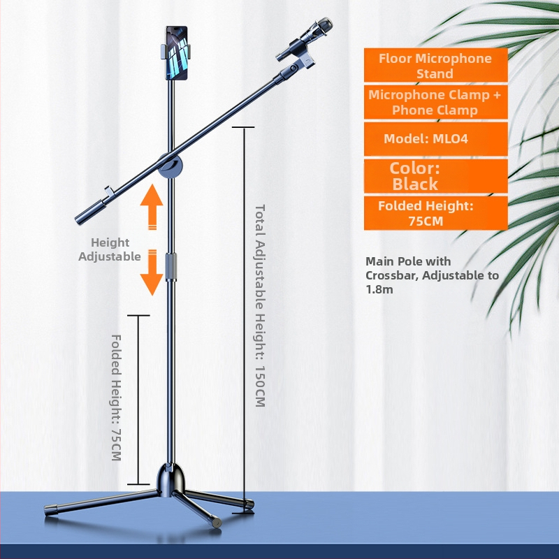 Profesionāls grīdas mikrofona statīvs ar integrētu vertikālo tripodu, piemērots tiešraidei un karaokei.