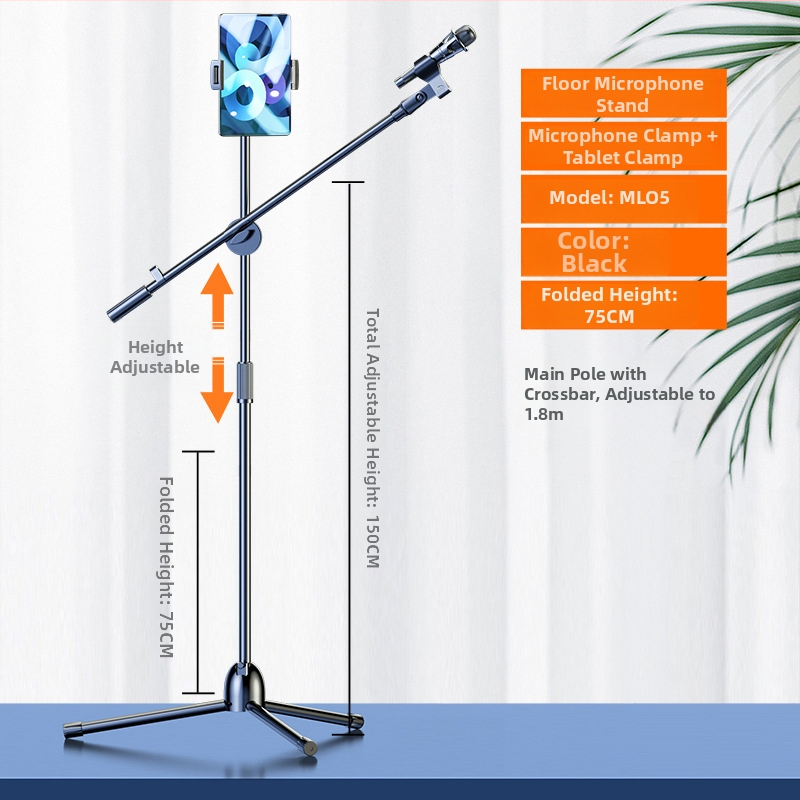 Profesionāls grīdas mikrofona statīvs ar integrētu vertikālo tripodu, piemērots tiešraidei un karaokei.