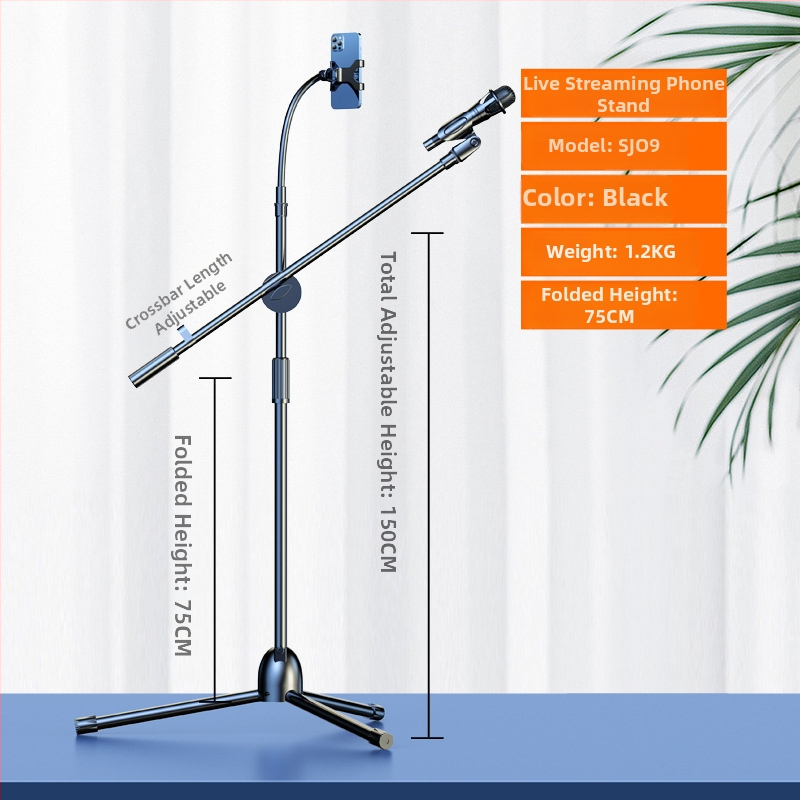 Profesionāls grīdas mikrofona statīvs ar integrētu vertikālo tripodu, piemērots tiešraidei un karaokei.