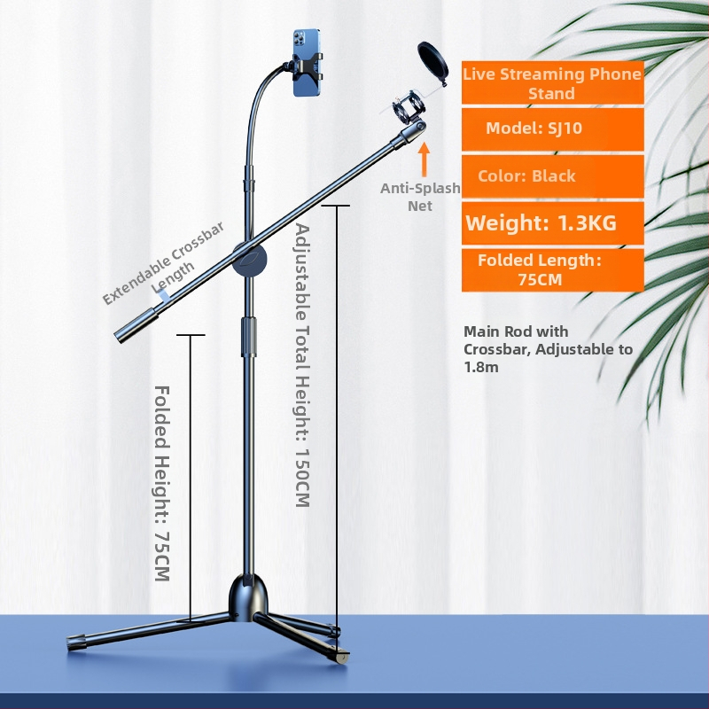 Profesionāls grīdas mikrofona statīvs ar integrētu vertikālo tripodu, piemērots tiešraidei un karaokei.