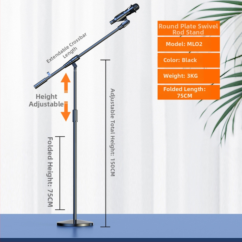 Profesionāls grīdas mikrofona statīvs ar integrētu vertikālo tripodu, piemērots tiešraidei un karaokei.