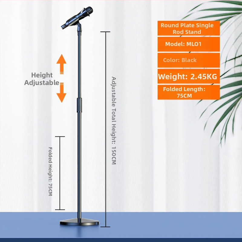 Profesionāls grīdas mikrofona statīvs ar integrētu vertikālo tripodu, piemērots tiešraidei un karaokei.