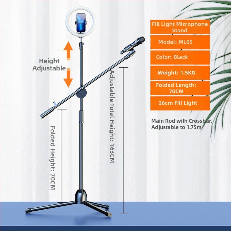 Profesionāls grīdas mikrofona statīvs ar integrētu vertikālo tripodu, piemērots tiešraidei un karaokei.