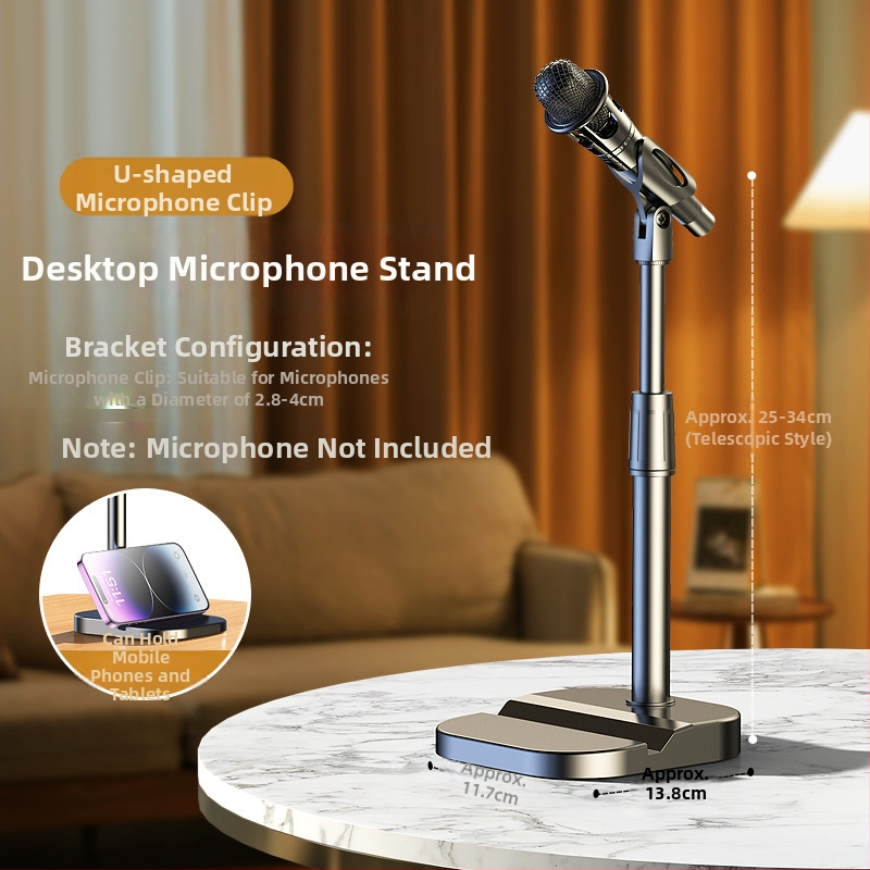 Profesionāls grīdas mikrofona statīvs ar integrētu vertikālo tripodu, piemērots tiešraidei un karaokei.