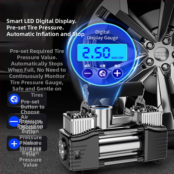 Pārvietojams divcilindru auto riepu piepumpētājs, 12V, 180W, 45 L/min, Digitālais displejs