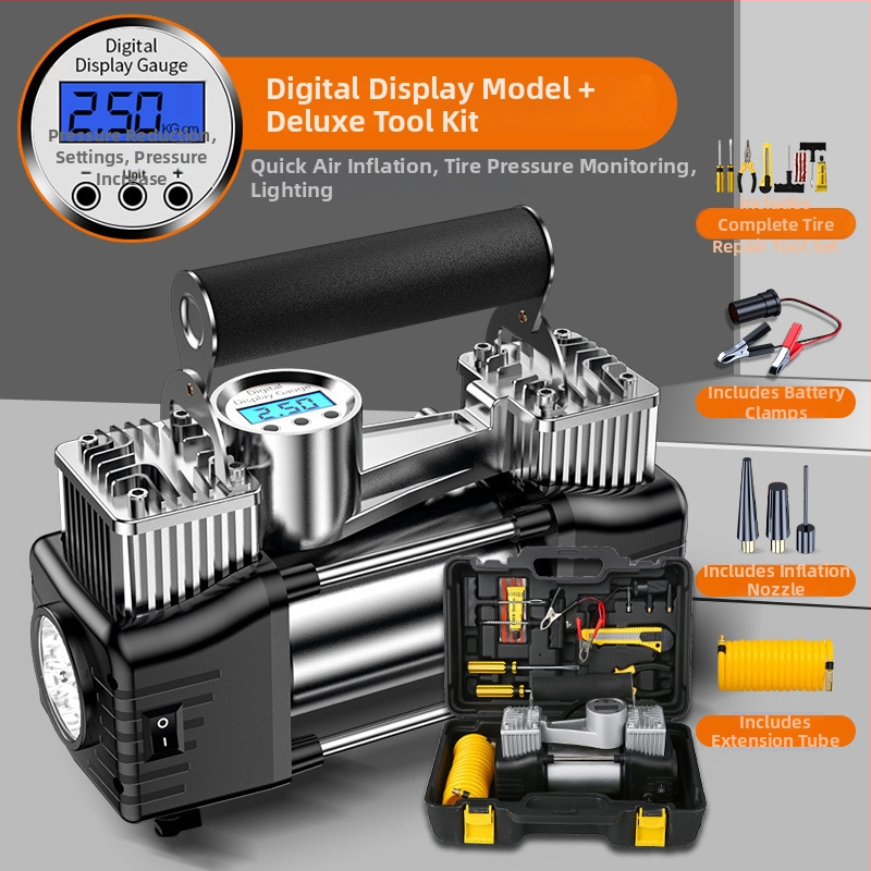 Pārvietojams divcilindru auto riepu piepumpētājs, 12V, 180W, 45 L/min, Digitālais displejs