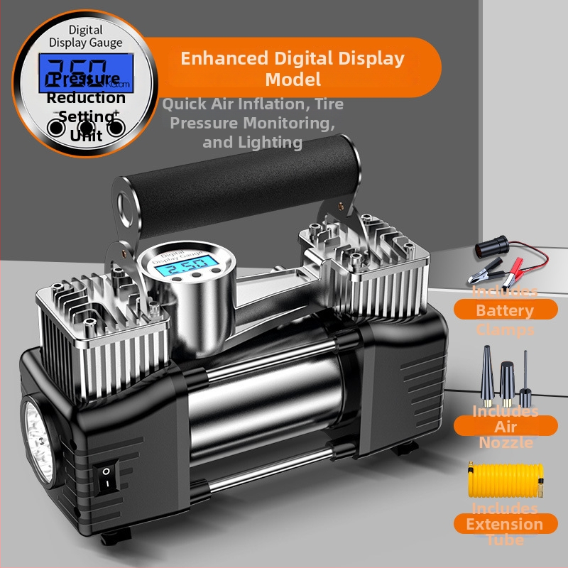 Pārvietojams divcilindru auto riepu piepumpētājs, 12V, 180W, 45 L/min, Digitālais displejs