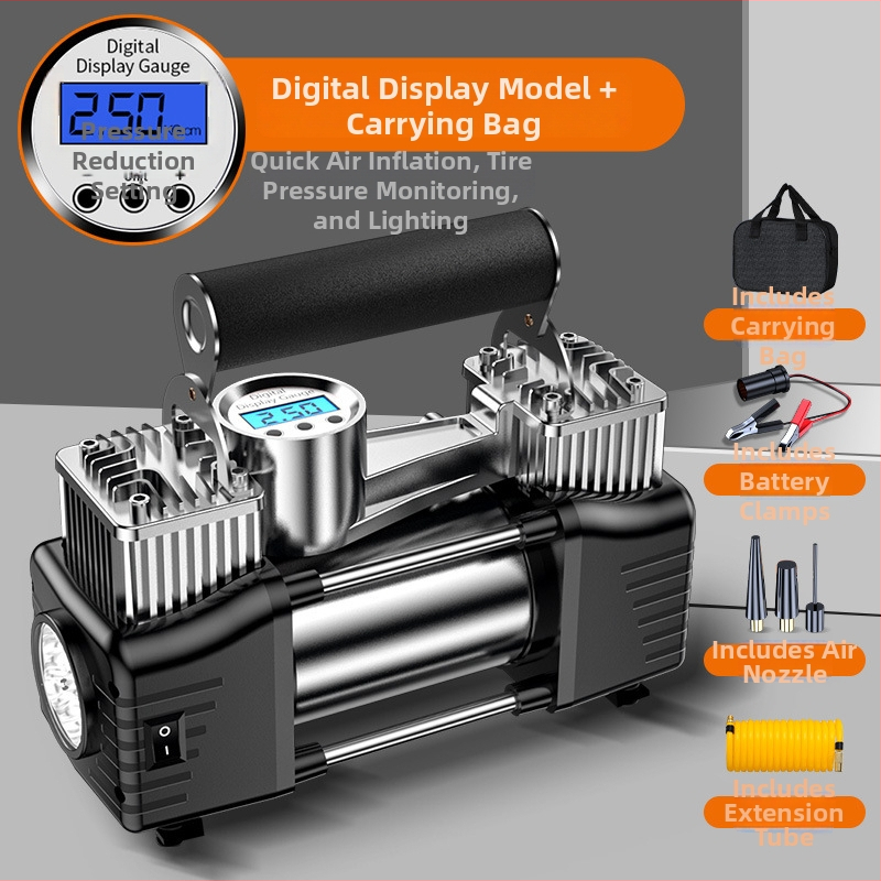 Pārvietojams divcilindru auto riepu piepumpētājs, 12V, 180W, 45 L/min, Digitālais displejs