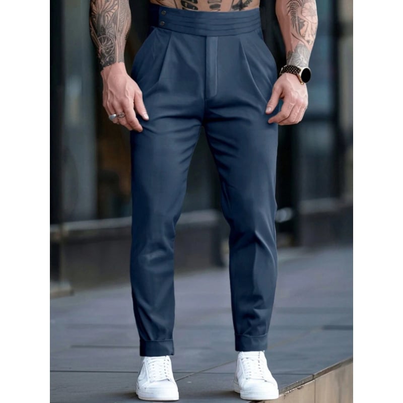 Vyriski kostiumų atskiri komplektai — siaura kirpimo linija, priekiniai trys sagų mygtukai, pagrindinis audinys: acetato pluoštas, sintetinių pluoštų mišinys, tinkamas visoms keturioms sezonoms