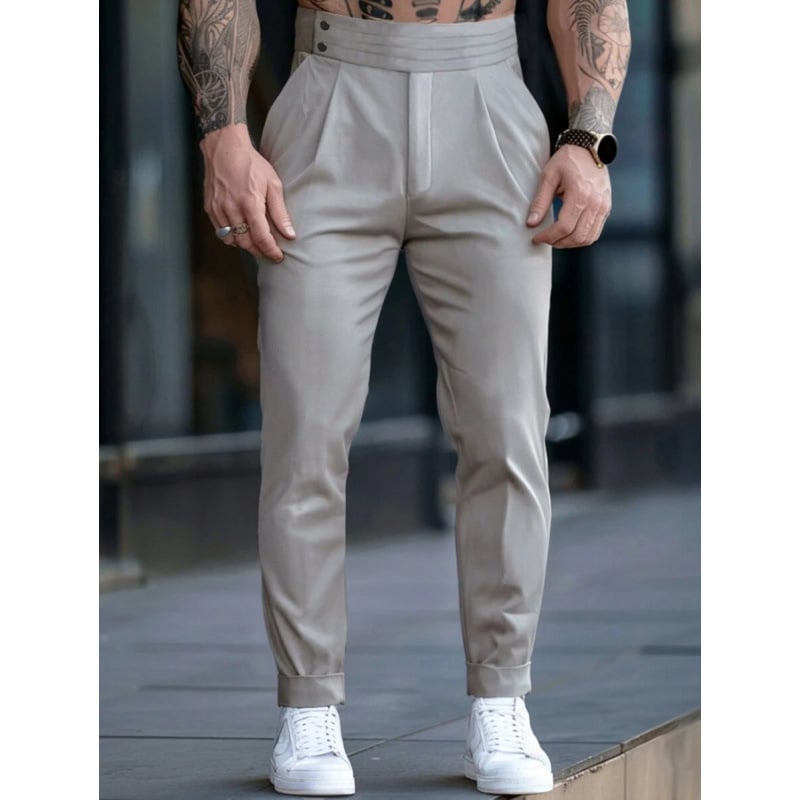 Vyriski kostiumų atskiri komplektai — siaura kirpimo linija, priekiniai trys sagų mygtukai, pagrindinis audinys: acetato pluoštas, sintetinių pluoštų mišinys, tinkamas visoms keturioms sezonoms