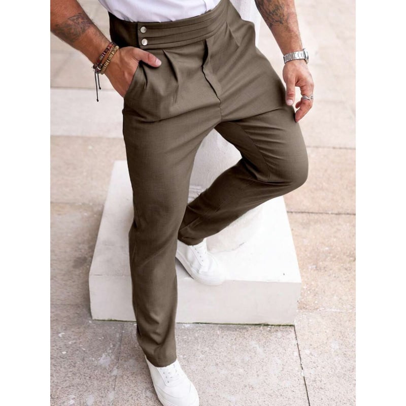 Vyriski kostiumų atskiri komplektai — siaura kirpimo linija, priekiniai trys sagų mygtukai, pagrindinis audinys: acetato pluoštas, sintetinių pluoštų mišinys, tinkamas visoms keturioms sezonoms