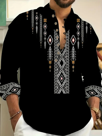 Vyrų lino mišinio marškiniai su Slim-Fit, ilgos rankovės, skaitmeninė spauda, Turn-Down apykaklė, pavasaris 2025