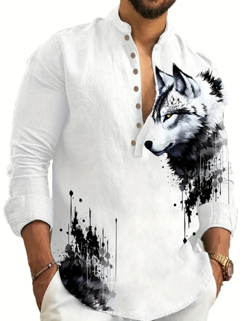 Vyrų lino mišinio marškiniai su Slim-Fit, ilgos rankovės, skaitmeninė spauda, Turn-Down apykaklė, pavasaris 2025