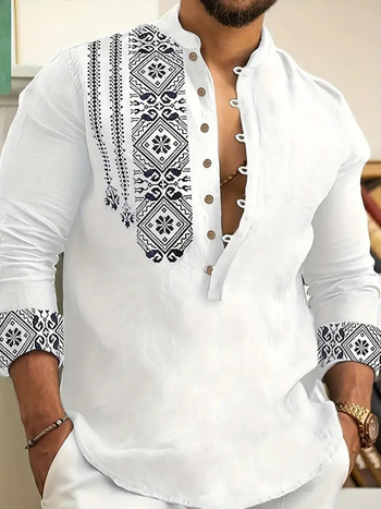 Vyrų lino mišinio marškiniai su Slim-Fit, ilgos rankovės, skaitmeninė spauda, Turn-Down apykaklė, pavasaris 2025