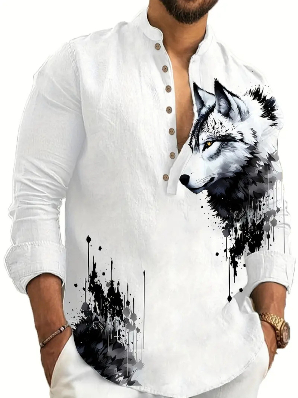 Vyrų lino mišinio marškiniai su Slim-Fit, ilgos rankovės, skaitmeninė spauda, Turn-Down apykaklė, pavasaris 2025