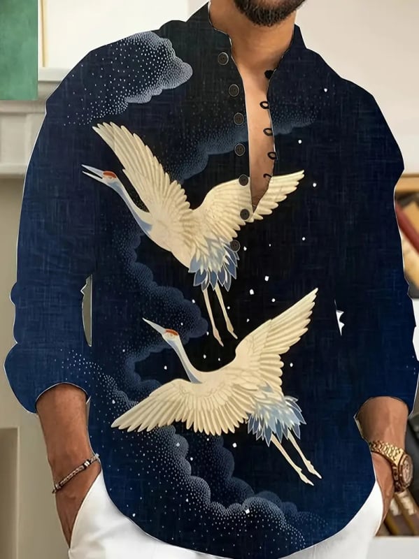 Vyrų lino mišinio marškiniai su Slim-Fit, ilgos rankovės, skaitmeninė spauda, Turn-Down apykaklė, pavasaris 2025