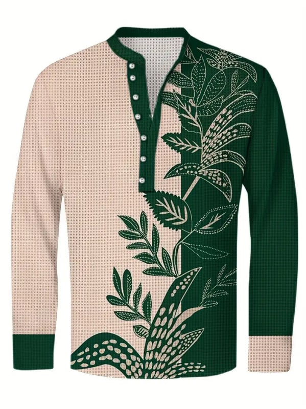 Vyrų lino mišinio marškiniai su Slim-Fit, ilgos rankovės, skaitmeninė spauda, Turn-Down apykaklė, pavasaris 2025