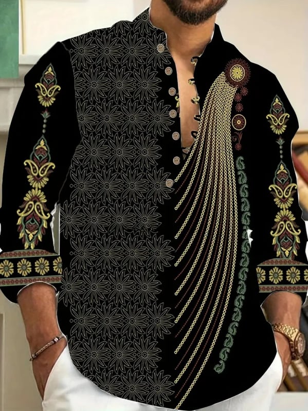 Vyrų lino mišinio marškiniai su Slim-Fit, ilgos rankovės, skaitmeninė spauda, Turn-Down apykaklė, pavasaris 2025