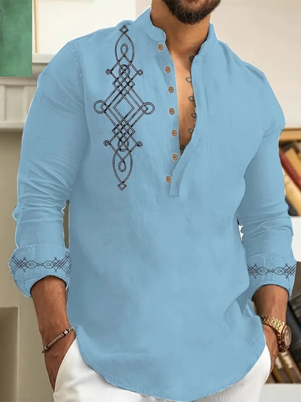 Vyrų lino mišinio marškiniai su Slim-Fit, ilgos rankovės, skaitmeninė spauda, Turn-Down apykaklė, pavasaris 2025