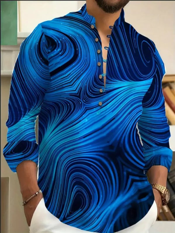 Vyrų lino mišinio marškiniai su Slim-Fit, ilgos rankovės, skaitmeninė spauda, Turn-Down apykaklė, pavasaris 2025