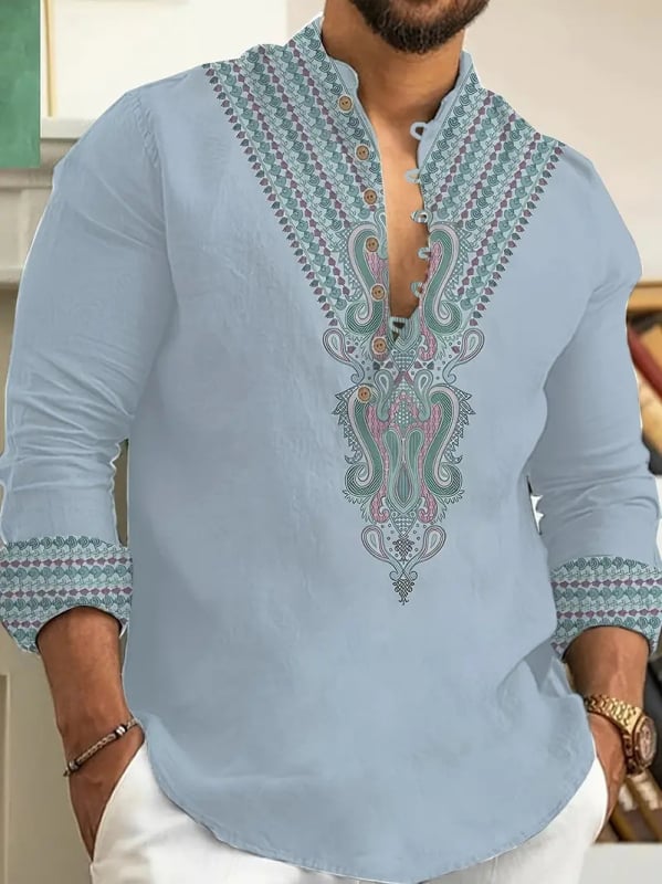 Vyrų lino mišinio marškiniai su Slim-Fit, ilgos rankovės, skaitmeninė spauda, Turn-Down apykaklė, pavasaris 2025