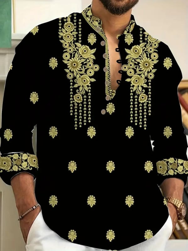 Vyrų lino mišinio marškiniai su Slim-Fit, ilgos rankovės, skaitmeninė spauda, Turn-Down apykaklė, pavasaris 2025