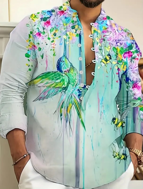 Vyrų lino mišinio marškiniai su Slim-Fit, ilgos rankovės, skaitmeninė spauda, Turn-Down apykaklė, pavasaris 2025