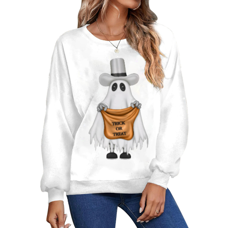 Női Halloween 3D-s szellem mintás pulóver, kerek nyakú, hosszú ujjú, laza szabású, poliészter-elasztán anyag