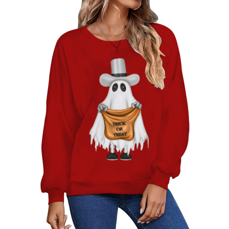 Női Halloween 3D-s szellem mintás pulóver, kerek nyakú, hosszú ujjú, laza szabású, poliészter-elasztán anyag