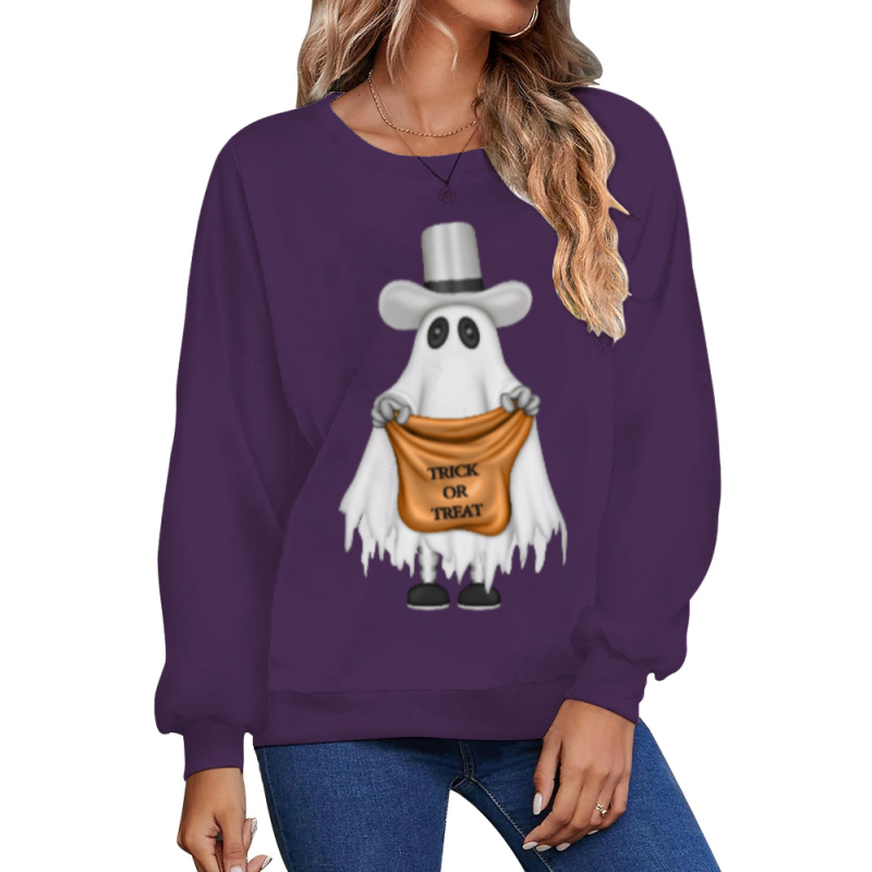 Női Halloween 3D-s szellem mintás pulóver, kerek nyakú, hosszú ujjú, laza szabású, poliészter-elasztán anyag