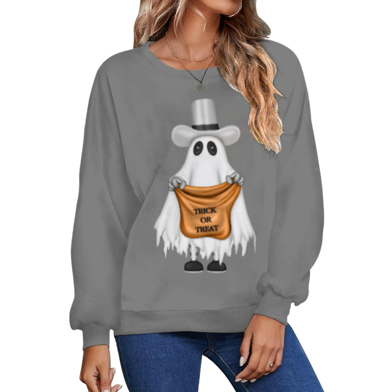 Női Halloween 3D-s szellem mintás pulóver, kerek nyakú, hosszú ujjú, laza szabású, poliészter-elasztán anyag