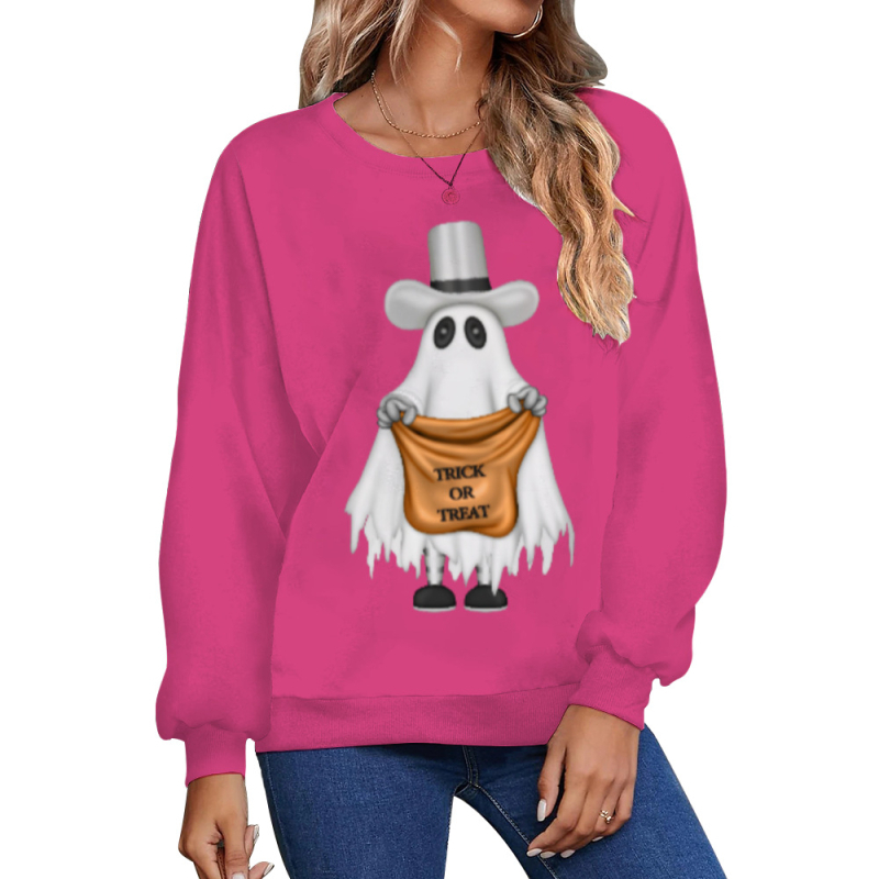 Női Halloween 3D-s szellem mintás pulóver, kerek nyakú, hosszú ujjú, laza szabású, poliészter-elasztán anyag