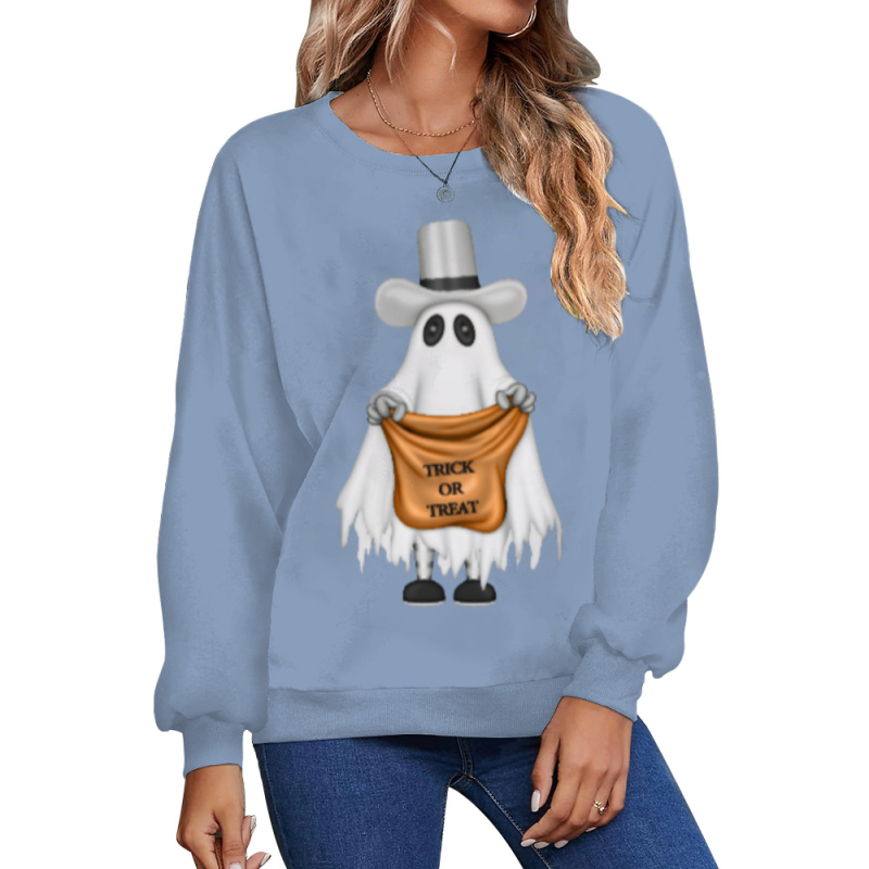 Női Halloween 3D-s szellem mintás pulóver, kerek nyakú, hosszú ujjú, laza szabású, poliészter-elasztán anyag