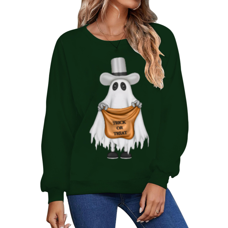Női Halloween 3D-s szellem mintás pulóver, kerek nyakú, hosszú ujjú, laza szabású, poliészter-elasztán anyag