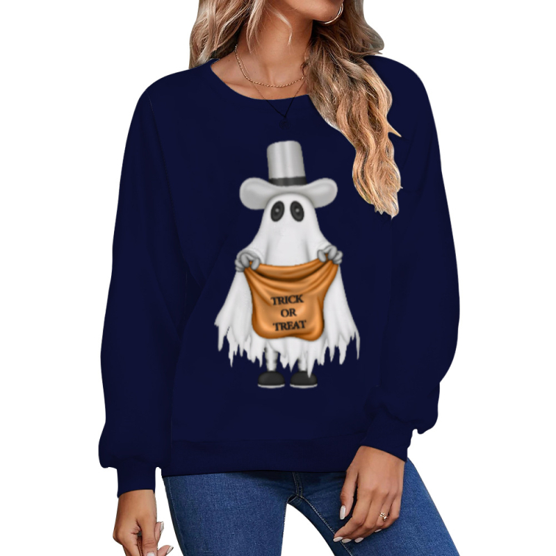 Női Halloween 3D-s szellem mintás pulóver, kerek nyakú, hosszú ujjú, laza szabású, poliészter-elasztán anyag