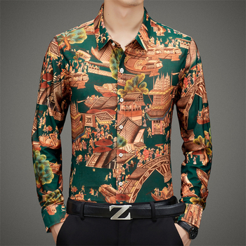 Vyriski marškiniai su gėlių atspaudu ir auksinio folijos apdaila, ilgos rankovės, apverčiamas apykaklė, prigludęs kirpimas