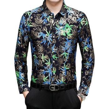 Vyriski marškiniai su gėlių atspaudu ir auksinio folijos apdaila, ilgos rankovės, apverčiamas apykaklė, prigludęs kirpimas