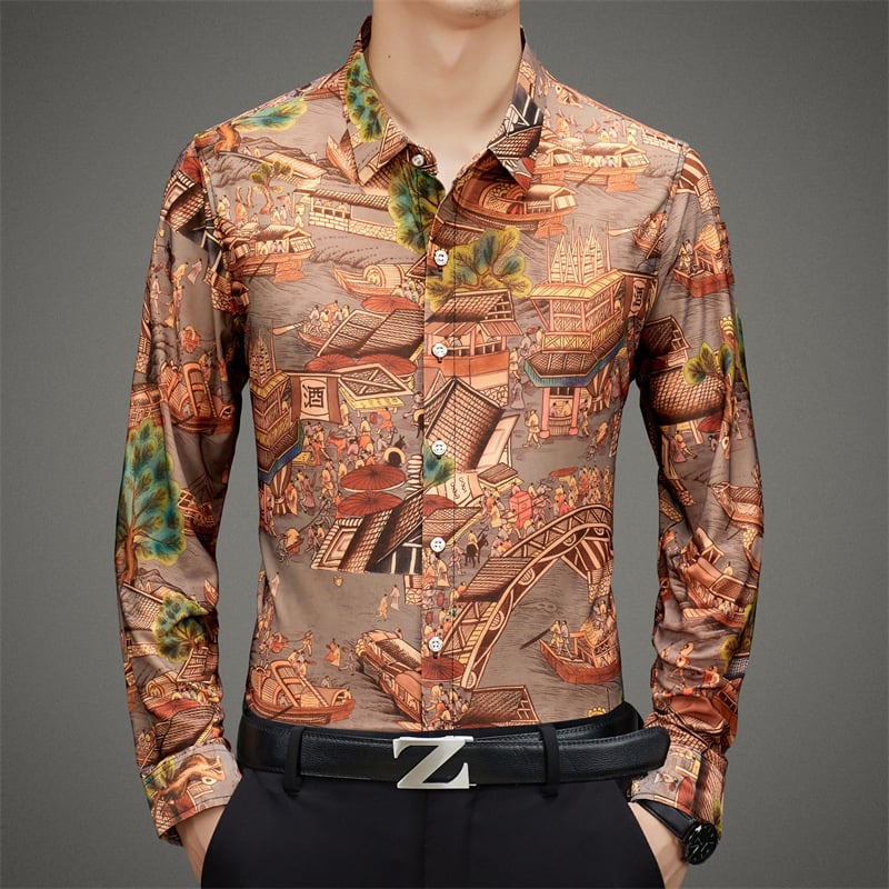 Vyriski marškiniai su gėlių atspaudu ir auksinio folijos apdaila, ilgos rankovės, apverčiamas apykaklė, prigludęs kirpimas