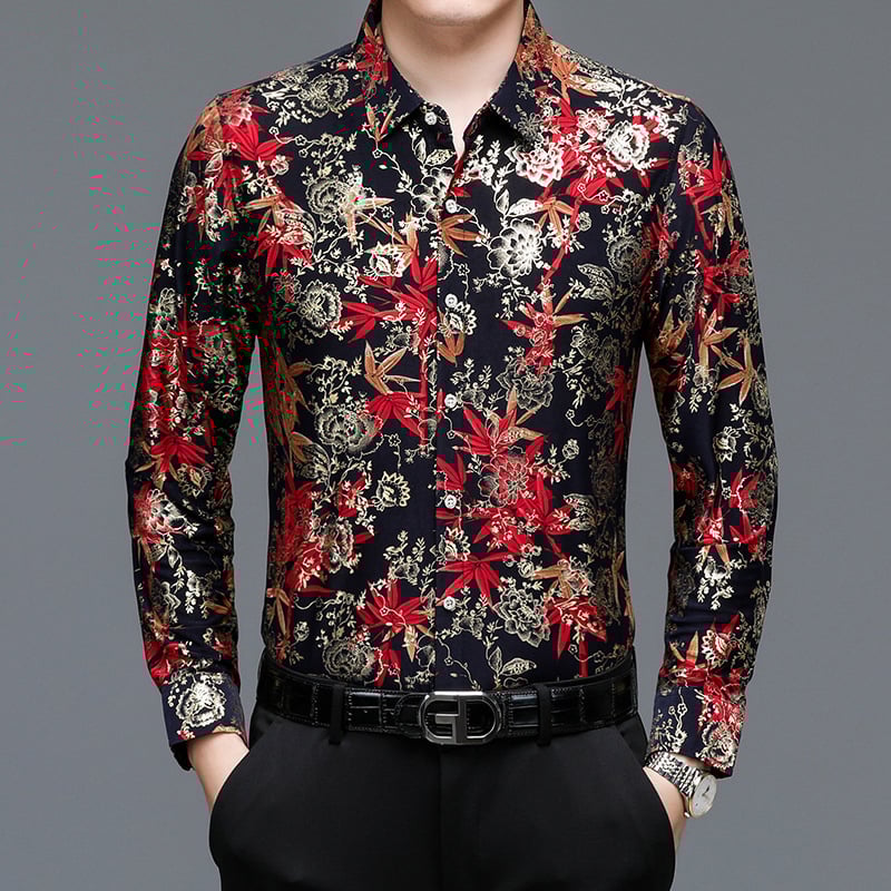 Vyriski marškiniai su gėlių atspaudu ir auksinio folijos apdaila, ilgos rankovės, apverčiamas apykaklė, prigludęs kirpimas